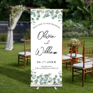 Eucalyptus Calligraphy Script Wedding Welcome Retractable Banner