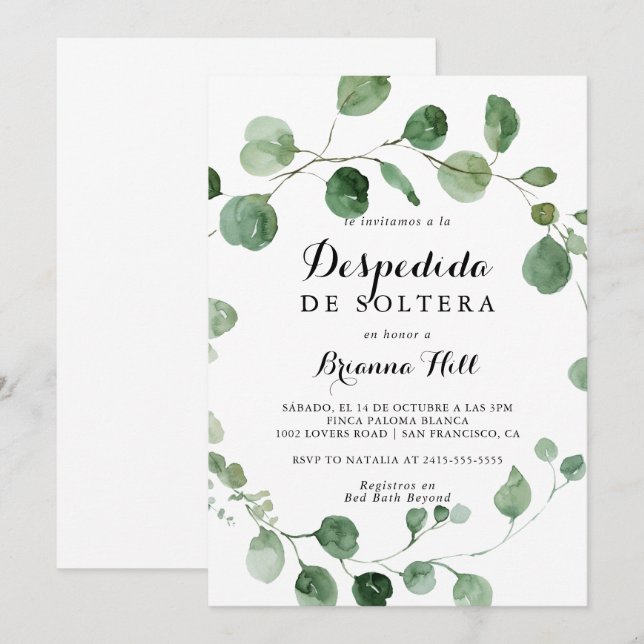 Eucalyptus Calligraphy Spanish Bridal Shower  Invitation (Front/Back)