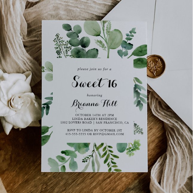 Eucalyptus Calligraphy Sweet 16 Birthday Party Invitation (Creator Uploaded)