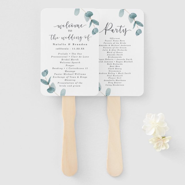 Eucalyptus & Calligraphy Wedding Ceremony Program Hand Fan (Front and Back)