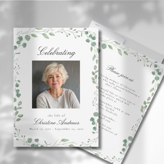 Eucalyptus Celebration of Life Funeral White Invitation (Eucalyptus Celebration of Life Funeral White Invitation. Print & Instant Download.)