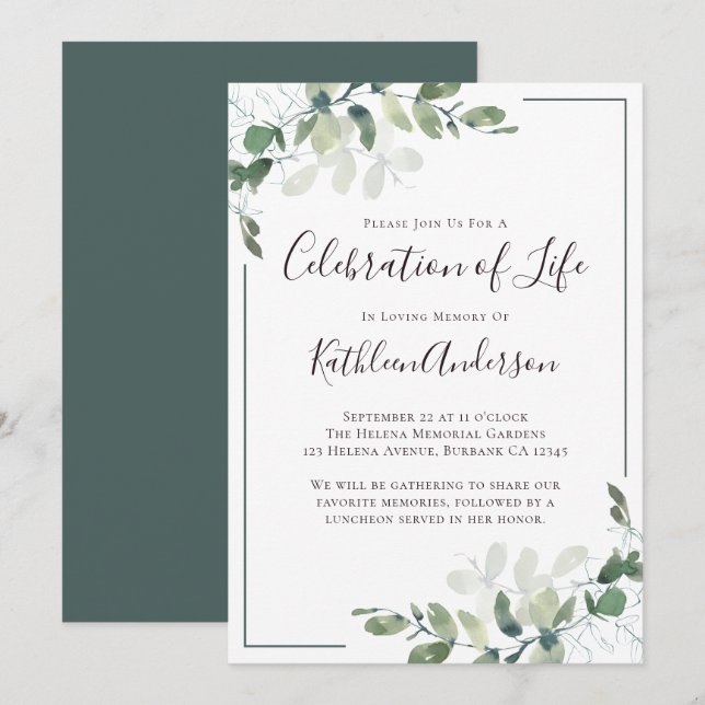 Eucalyptus Celebration of Life Invitation (Front/Back)