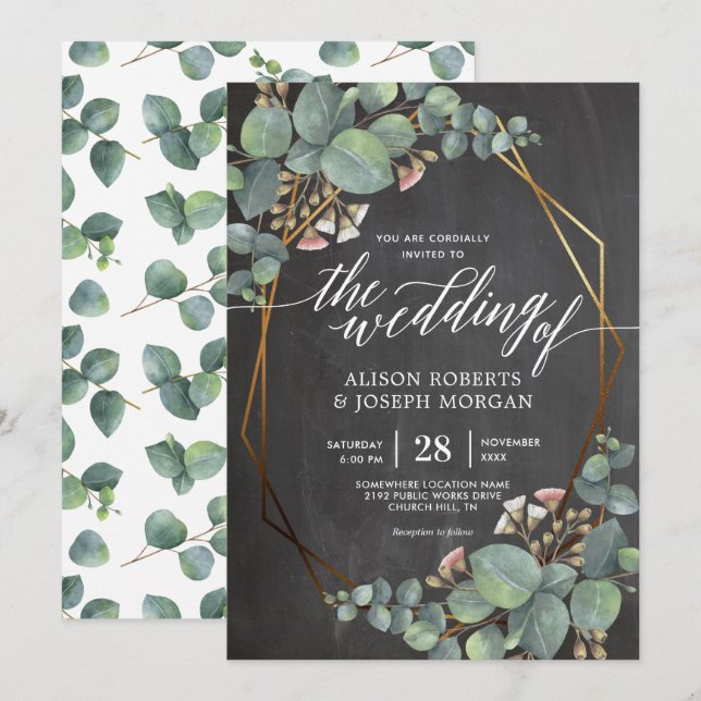 Eucalyptus chalkboard geometric frame wedding invitation (Front/Back)