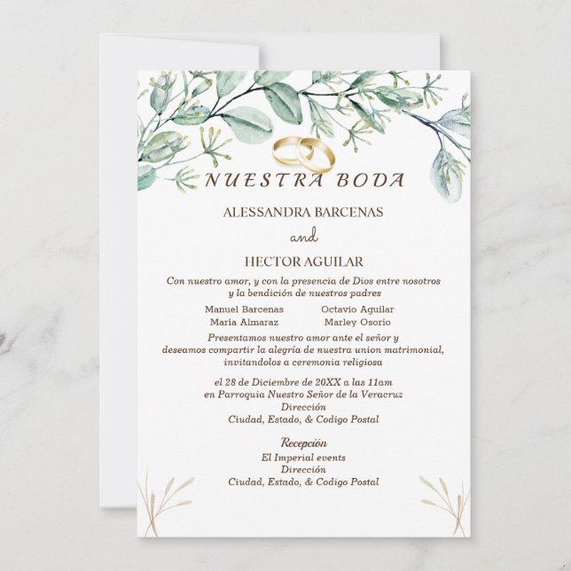 Eucalyptus/champagne Spanish invitation (Front)