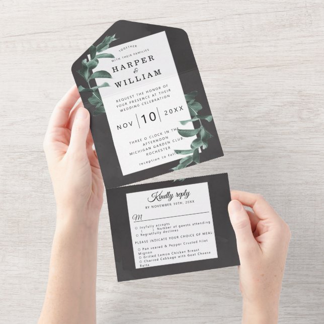 Eucalyptus charcoal grey wedding all in one invitation (Tearaway)