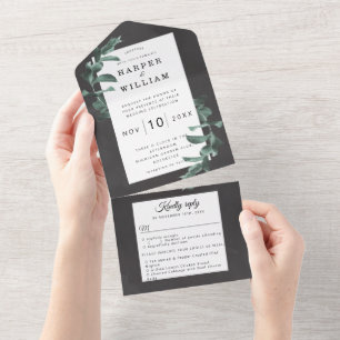 Eucalyptus charcoal grey wedding all in one invitation