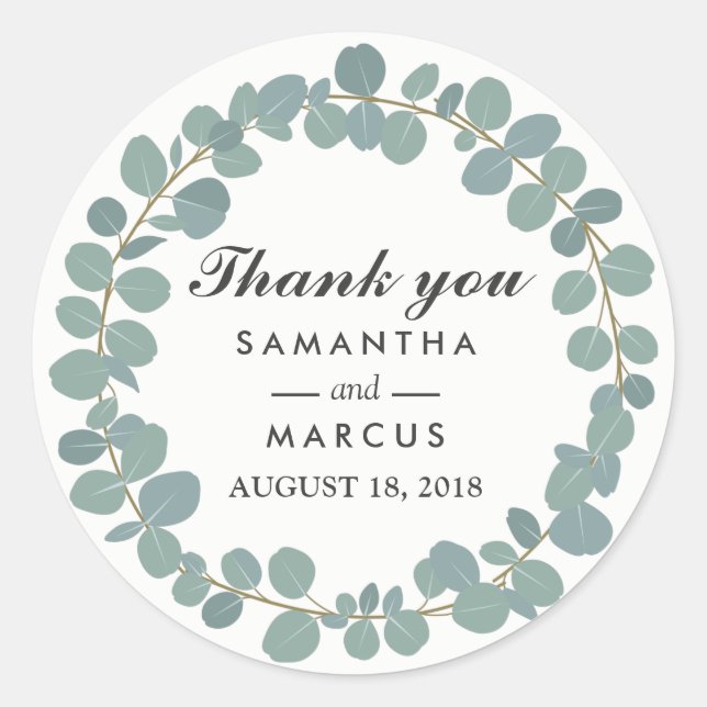 Eucalyptus Circle Greenery Wedding Thank You Classic Round Sticker (Front)