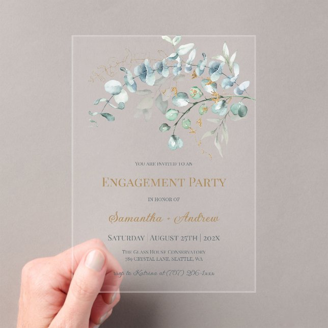 Eucalyptus Clear Acrylic Engagement Invitation (Insitu (Handheld))