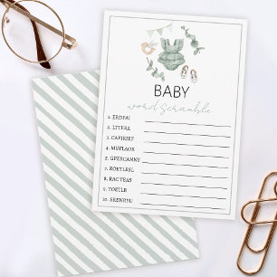 Eucalyptus clothes baby shower word scramble advice card