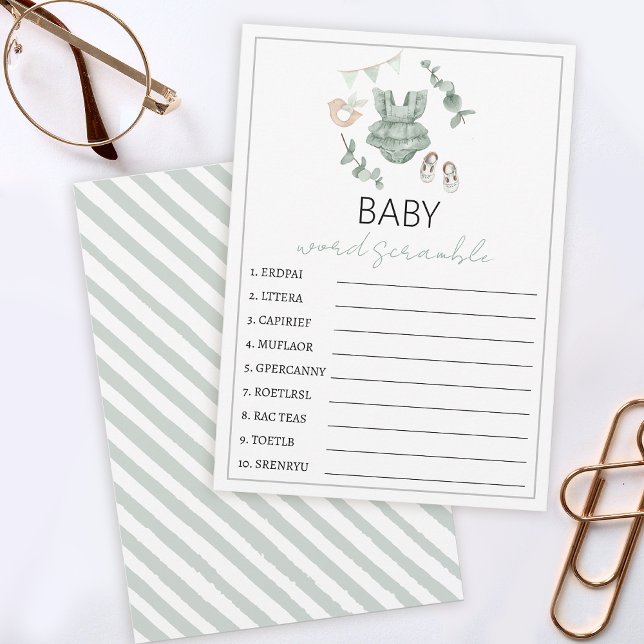 Eucalyptus clothes baby shower word scramble advice card (Creator Uploaded)