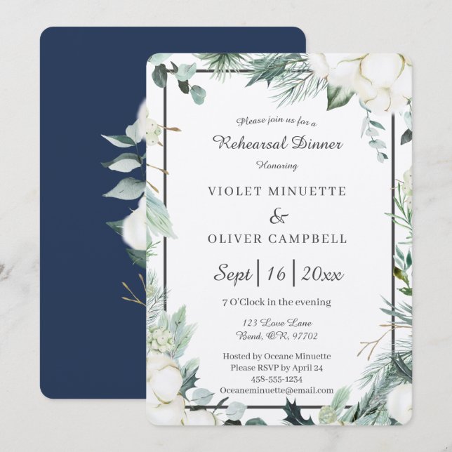 Eucalyptus Cotton | Felt Ecru Rehearsal Dinner Invitation (Front/Back)