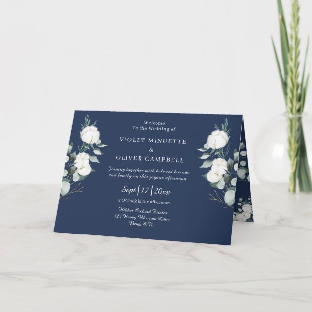 Eucalyptus Cotton | Navy Modern Folded Wedding Programme (Front)