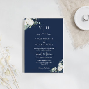  Eucalyptus Cotton   Navy Modern Monogram Wedding Invitation