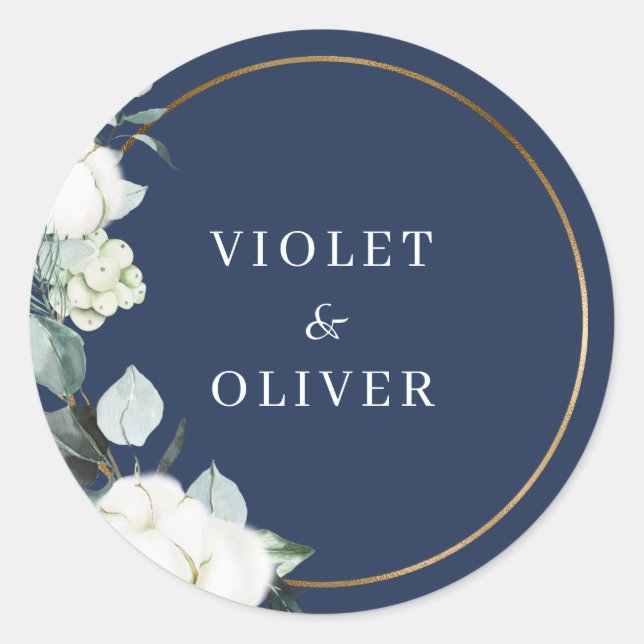 Eucalyptus Cotton | Navy Modern Wedding Classic Round Sticker (Front)