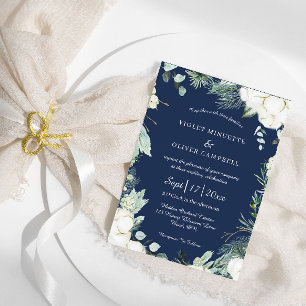 Eucalyptus Cotton   Navy Modern Wedding Invitation