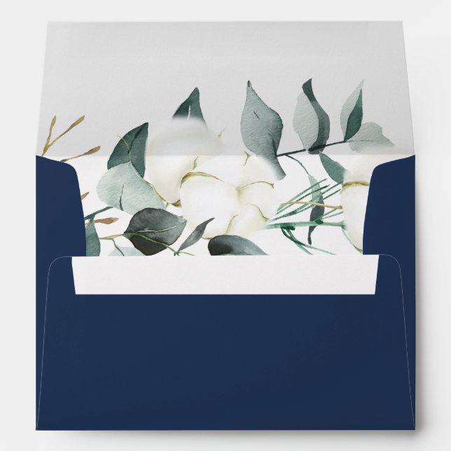 Eucalyptus Cotton | Navy Modern Wedding Invitation Envelope (Back (Bottom))