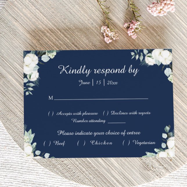 Eucalyptus Cotton | Navy Modern Wedding RSVP Card (Creator Uploaded)