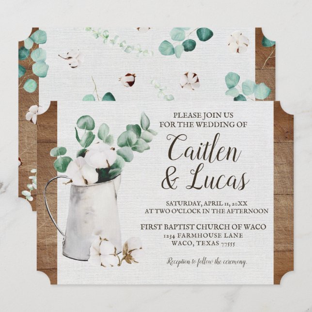 Eucalyptus Cotton Stem Shiplap Farmhouse Wedding Invitation (Front/Back)