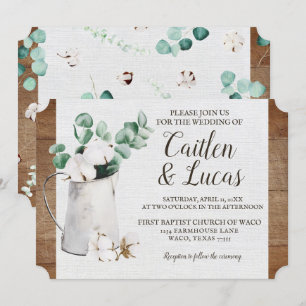 Eucalyptus Cotton Stem Shiplap Farmhouse Wedding Invitation