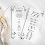 Eucalyptus Cotton | White Modern Bridal Party Flat Programme<br><div class="desc">This eucalyptus cotton white modern bridal party flat program is perfect for your modern classic traditional wedding. This design features eucalyptus greenery with white cotton floral bouquets on a white background and black calligraphy script. Please feel free to reach out to us with any questions about this design.</div>