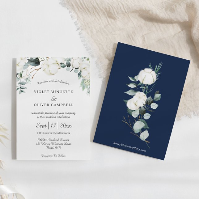 Eucalyptus Cotton | White Modern Elegant Wedding Invitation (Creator Uploaded)