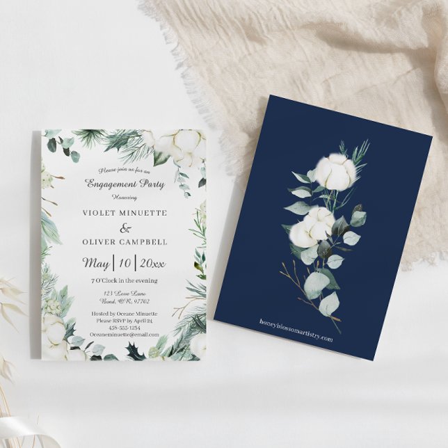 Eucalyptus Cotton | White Modern Engagement Party Invitation (Creator Uploaded)