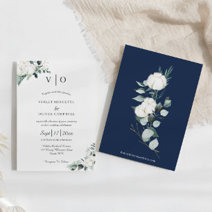 Eucalyptus Cotton White Modern Monogram Wedding Invitation