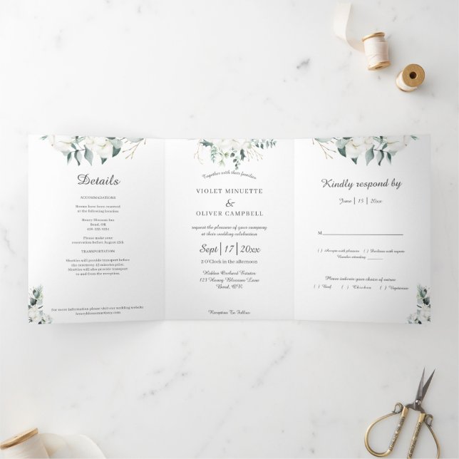 Eucalyptus Cotton | White Modern Tri-Fold Invitation (Inside)