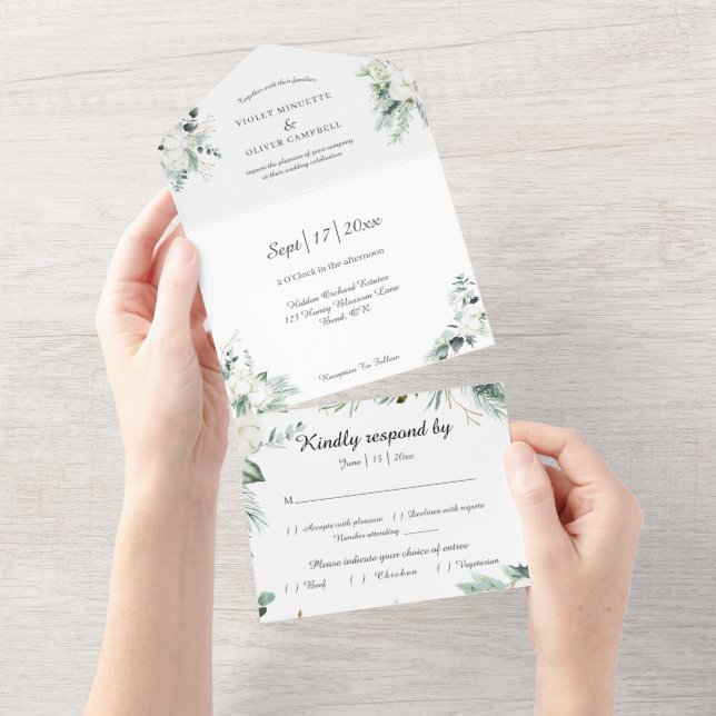 Eucalyptus Cotton | White Modern White RSVP All In One Invitation (Tearaway)