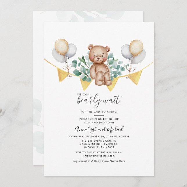 Eucalyptus Couple Baby Shower Bear Greenery Script Invitation (Front/Back)