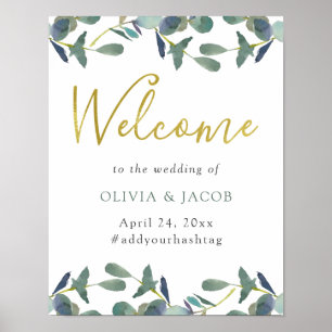 Eucalyptus Crest Faux Gold Text Wedding Welcome Poster