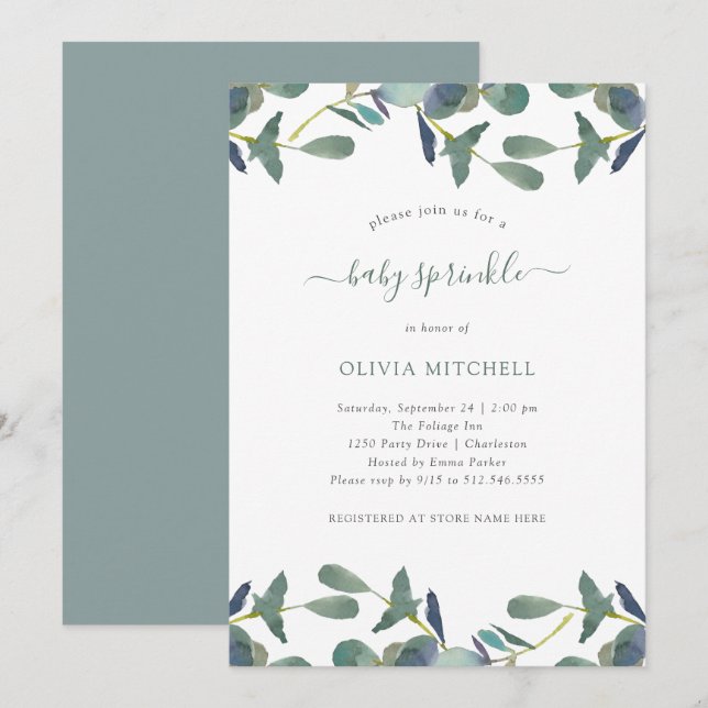 Eucalyptus Crest | Green Leaves Baby Sprinkle Invitation (Front/Back)