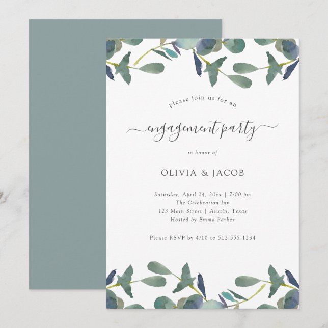 Eucalyptus Crest | Green Leaves Engagement Party Invitation (Front/Back)