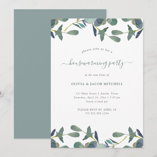 Eucalyptus Crest | Green Leaves Housewarming Party Invitation (Front/Back)