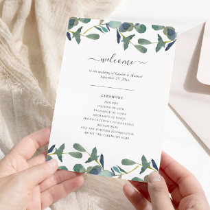 Eucalyptus Crest   Green Leaves Watercolor Wedding Programme