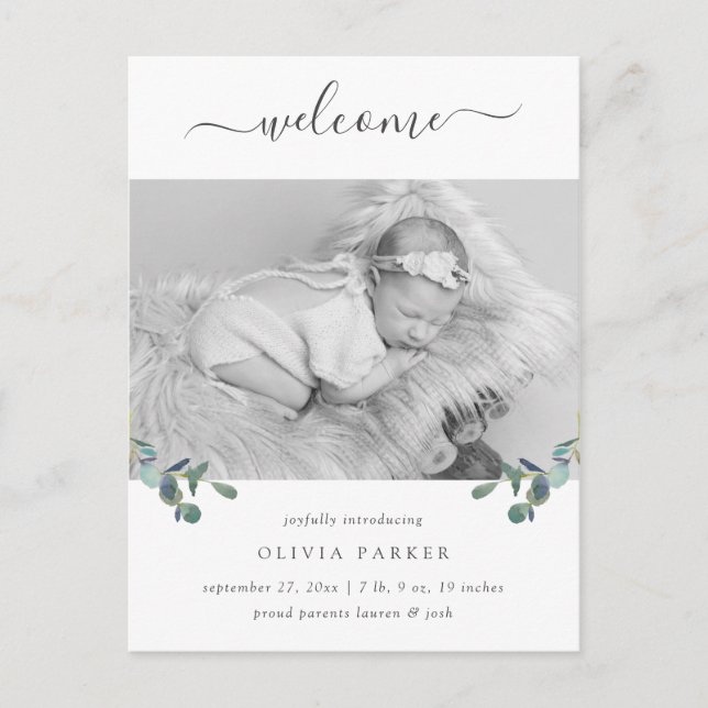 Eucalyptus Crest | Photo Birth Announcement Postcard (Front)