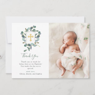 Eucalyptus Crest Watercolor and Photo Baptism Thank You Card