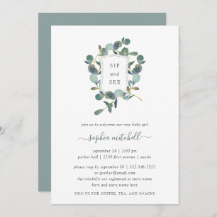 Eucalyptus Crest   Watercolor Baby Sip and See Invitation