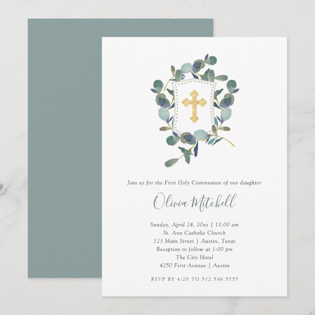 Eucalyptus Crest | Watercolor First Holy Communion Invitation (Front/Back)