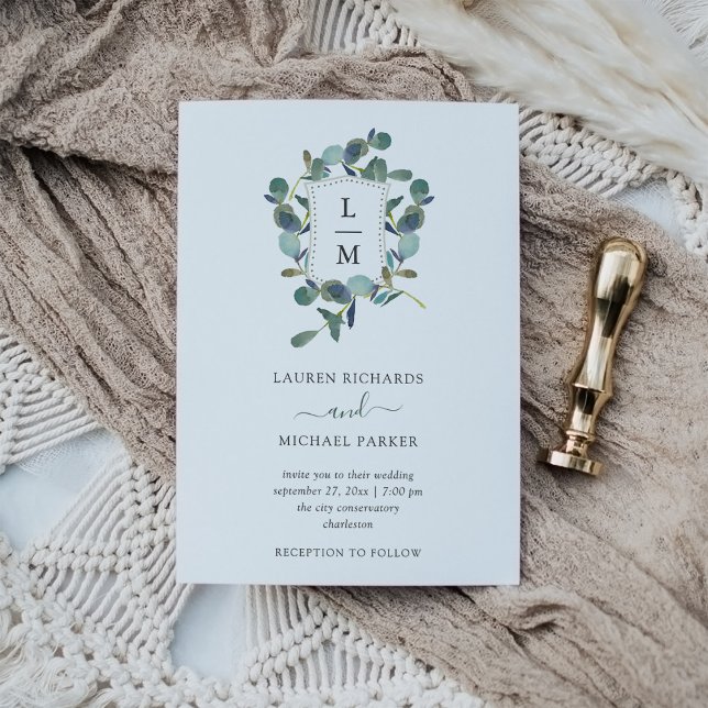Eucalyptus Crest | Watercolor Wedding Invitation (An elegant wedding invitation with your monogram in a crest surrounded by eucalyptus leaves)