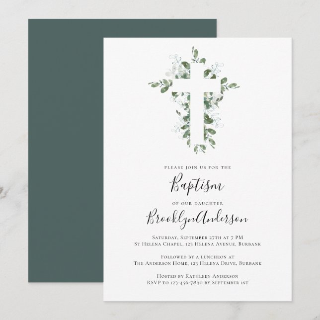 Eucalyptus Cross Baptism Invitation (Front/Back)