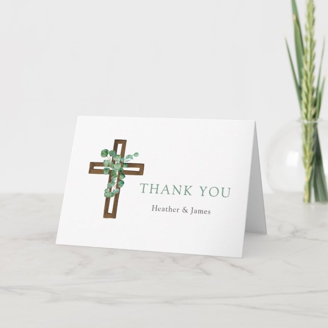 Eucalyptus Cross Modern Baptism Folded Thank You (Front)