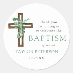 Eucalyptus Cross Modern Baptism Thank You Favour Classic Round Sticker