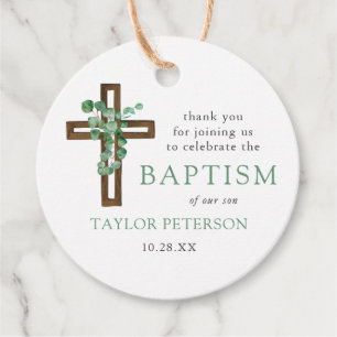 Eucalyptus Cross Modern Baptism Thank You Favour Tags