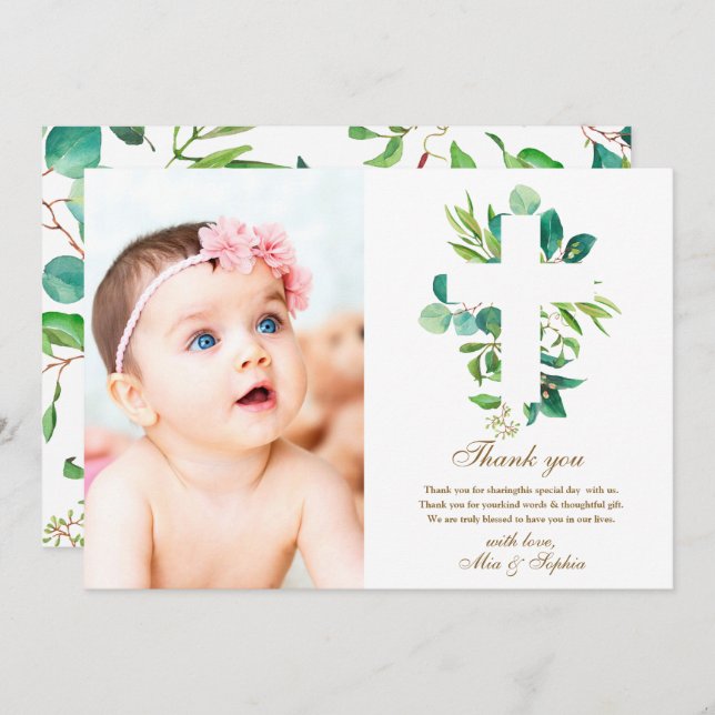 Eucalyptus Cross & Photo Baptism Thank You Card (Front/Back)