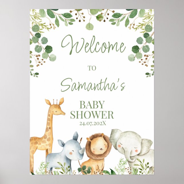 Eucalyptus Cute Safari Baby Shower Welcome Sign (Front)