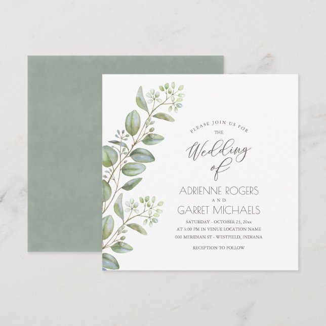 Eucalyptus Cuttings Square White Wedding Invitation (Front/Back)