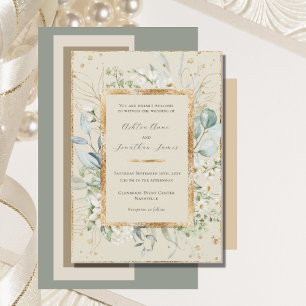 Eucalyptus Daisies Gold Cream Elegant Wedding Invitation