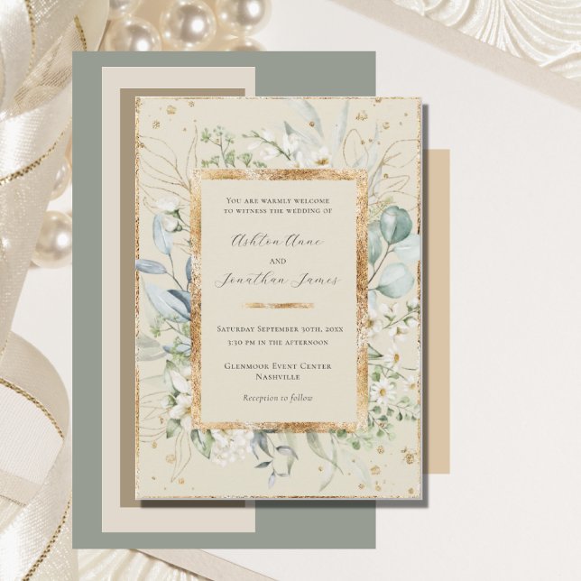 Eucalyptus Daisies Gold Cream Elegant Wedding Invitation (Creator Uploaded)