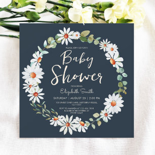 Eucalyptus & Daisy Navy Blue Baby Shower Invitation